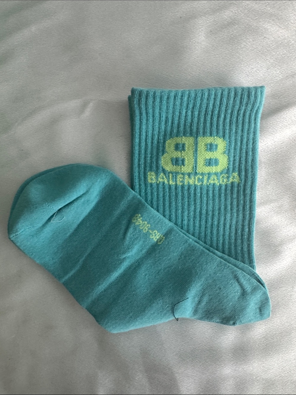 New! Balenciaga Teal Crew Socks with Lime Logo
